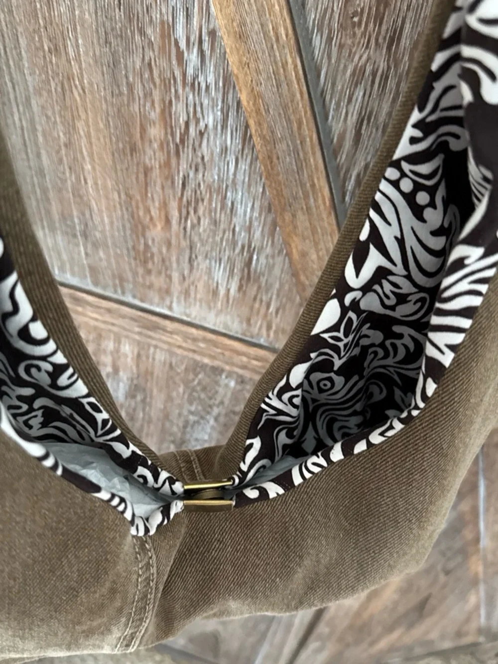 Brown Denim Shoulder Bag with Cream Accent & Patterned Lining